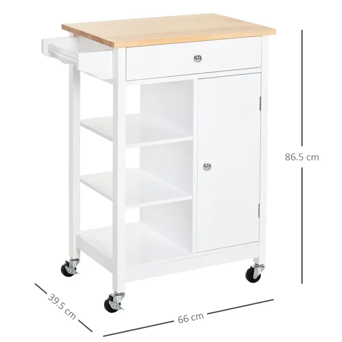 Carrello da Cucina 3 Ripiani Cassetto e 1 Anta in Legno 66×39,5×86,5 cm Bianco - immagine 3
