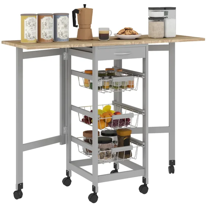 Carrello da Cucina 37x37x77,5 cm con 3 Cestini e 2 Ribalte in Legno e Metallo Grigio e Rovere