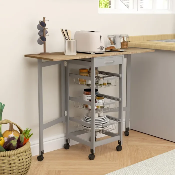 Carrello da Cucina 37x37x77,5 cm con 3 Cestini e 2 Ribalte in Legno e Metallo Grigio e Rovere - immagine 2