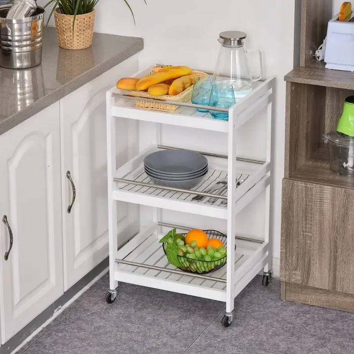 Carrello da Cucina 45x38x78 cm 3 Ripiani in Legno Bianco - immagine 2