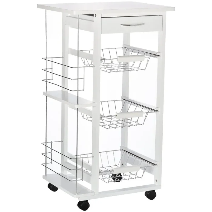 Carrello da Cucina 47x37x83 cm 3 Cesti 2 Portabottiglie Bianco