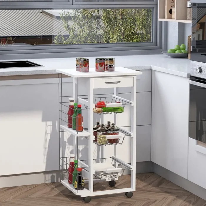 Carrello da Cucina 47x37x83 cm 3 Cesti 2 Portabottiglie Bianco - immagine 2