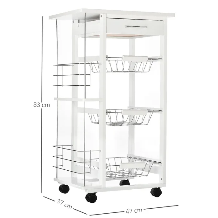 Carrello da Cucina 47x37x83 cm 3 Cesti 2 Portabottiglie Bianco - immagine 3