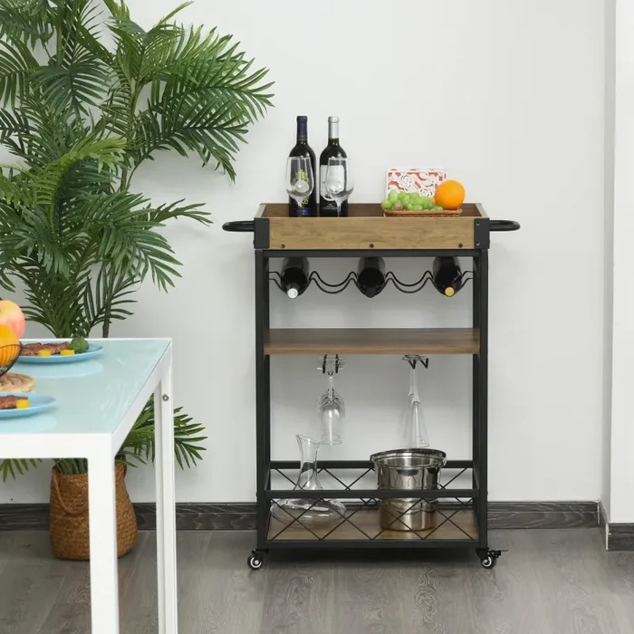 Carrello da Cucina 77×44,5×91 cm 3 Ripiani Portabicchieri e Ruote in Legno e Metallo - immagine 2