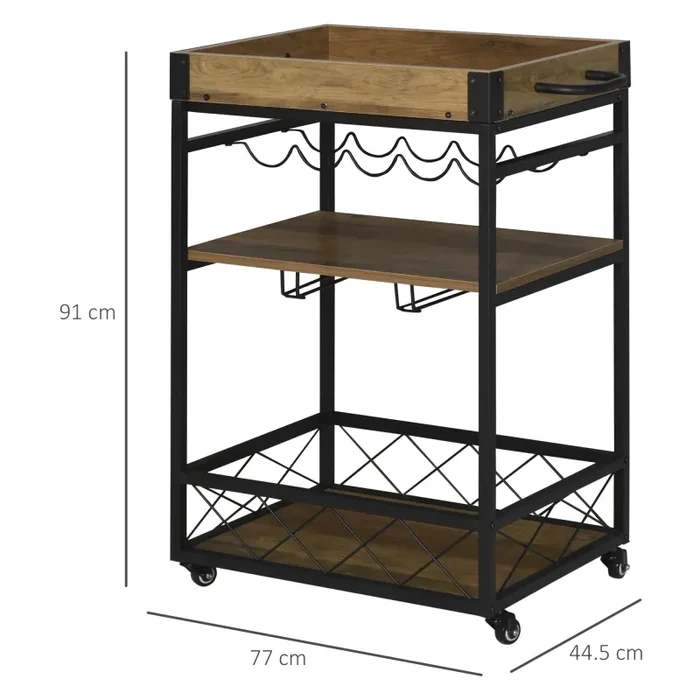 Carrello da Cucina 77×44,5×91 cm 3 Ripiani Portabicchieri e Ruote in Legno e Metallo - immagine 3