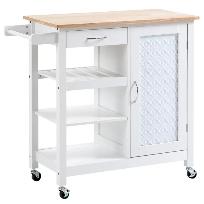 Carrello da Cucina 92x40x84 cm 1 Cassetto 1 Armadietto 3 Ripiani in MDF e Acciaio Bianco