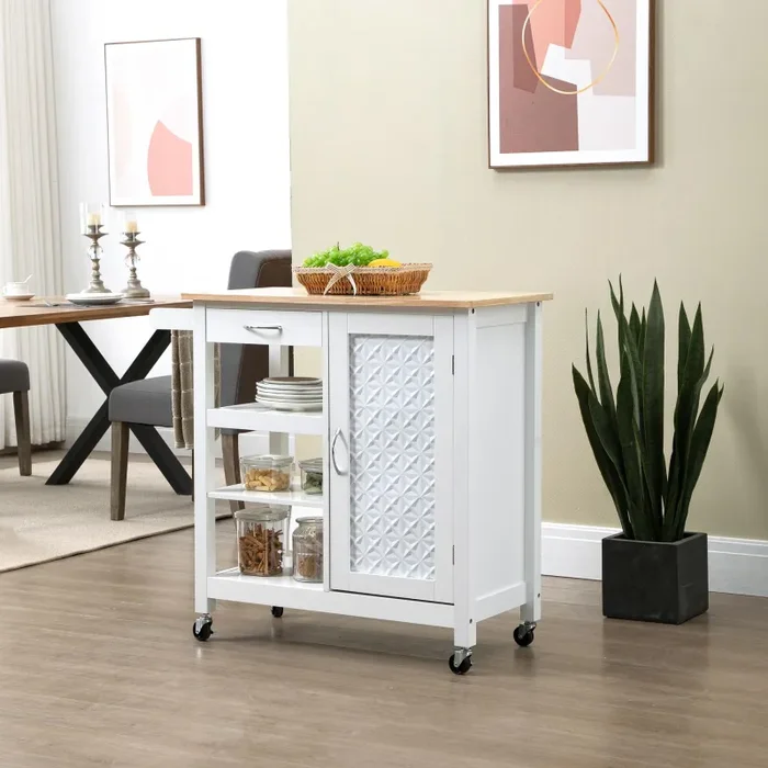 Carrello da Cucina 92x40x84 cm 1 Cassetto 1 Armadietto 3 Ripiani in MDF e Acciaio Bianco - immagine 2