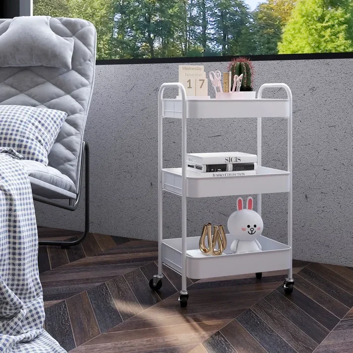 Carrello da Cucina a 3 Livelli con Maniglie e 4 Rotelle 45×30,6×79 cm in Acciaio Bianco - immagine 2
