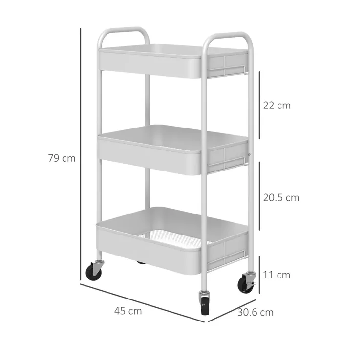 Carrello da Cucina a 3 Livelli con Maniglie e 4 Rotelle 45×30,6×79 cm in Acciaio Bianco - immagine 3