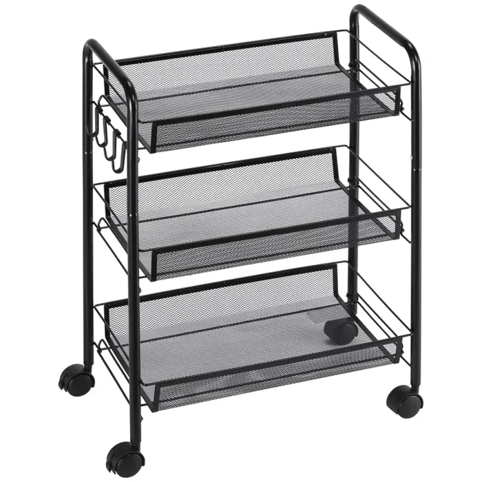 Carrello da Cucina a 3 Ripiani 41,5×26,5×63 cm in Acciaio e Polipropilene Nero