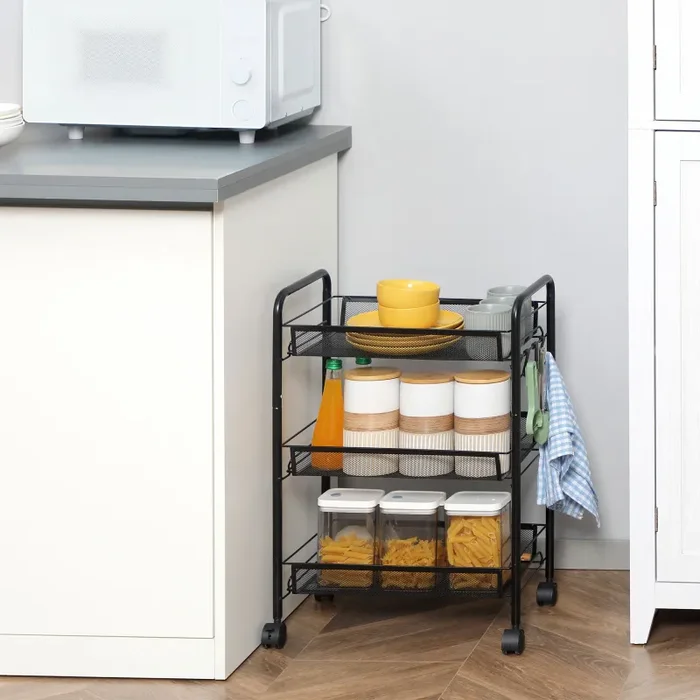 Carrello da Cucina a 3 Ripiani 41,5×26,5×63 cm in Acciaio e Polipropilene Nero - immagine 2