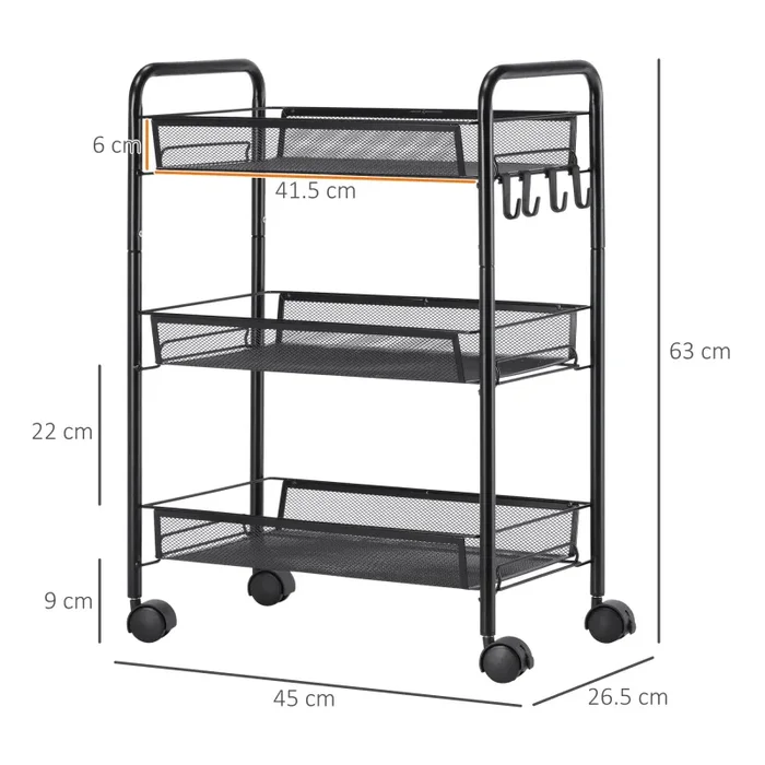 Carrello da Cucina a 3 Ripiani 41,5×26,5×63 cm in Acciaio e Polipropilene Nero - immagine 3
