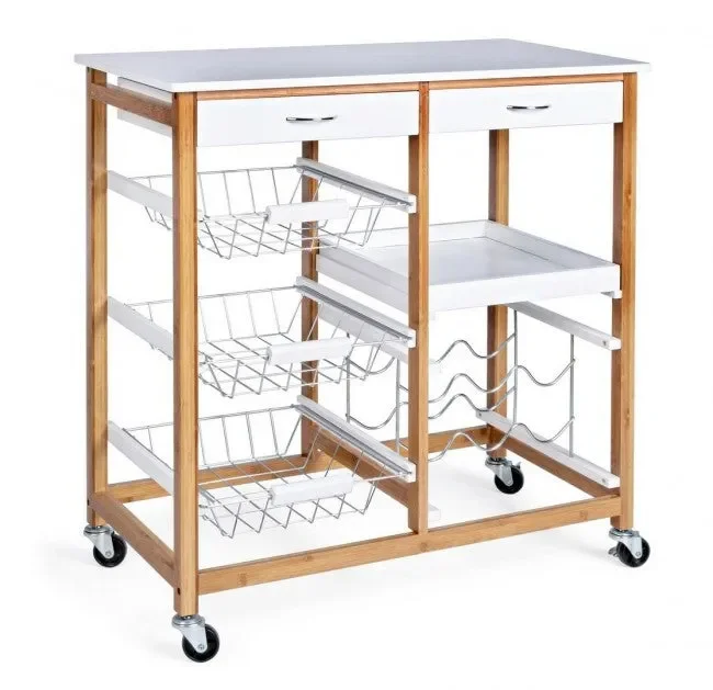 Carrello da Cucina Bamboo 3 Ceste 2 Cassetti con Portabottiglie in Bamboo