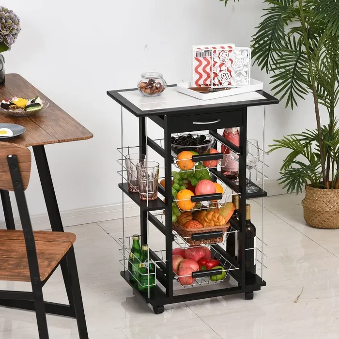 Carrello da Cucina con 4 Cestini e 4 Scomprati in Legno di Pino 57x37x83 cm Nero In saldo - immagine 2