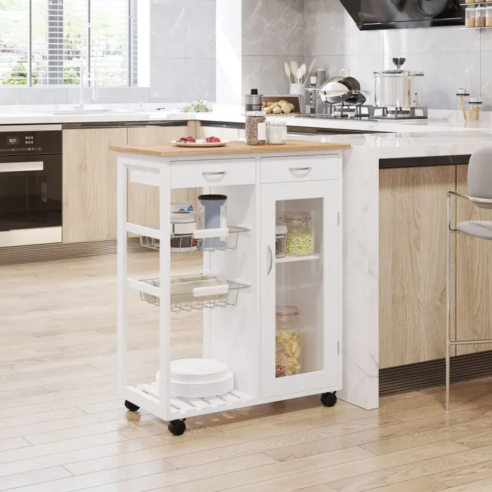 Carrello da Cucina con Cassetti e 2 Cesti in Legno di Pino Bianco 70x37x85 cm - immagine 2