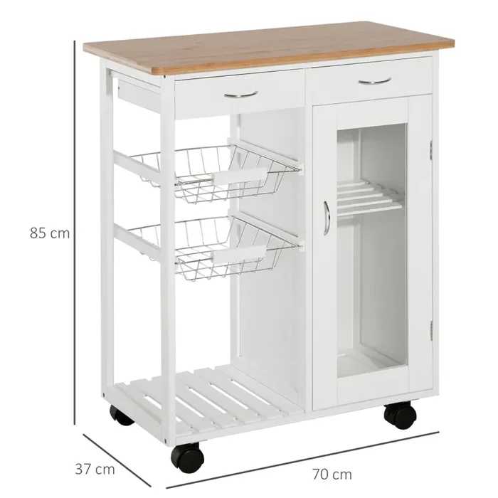 Carrello da Cucina con Cassetti e 2 Cesti in Legno di Pino Bianco 70x37x85 cm - immagine 3