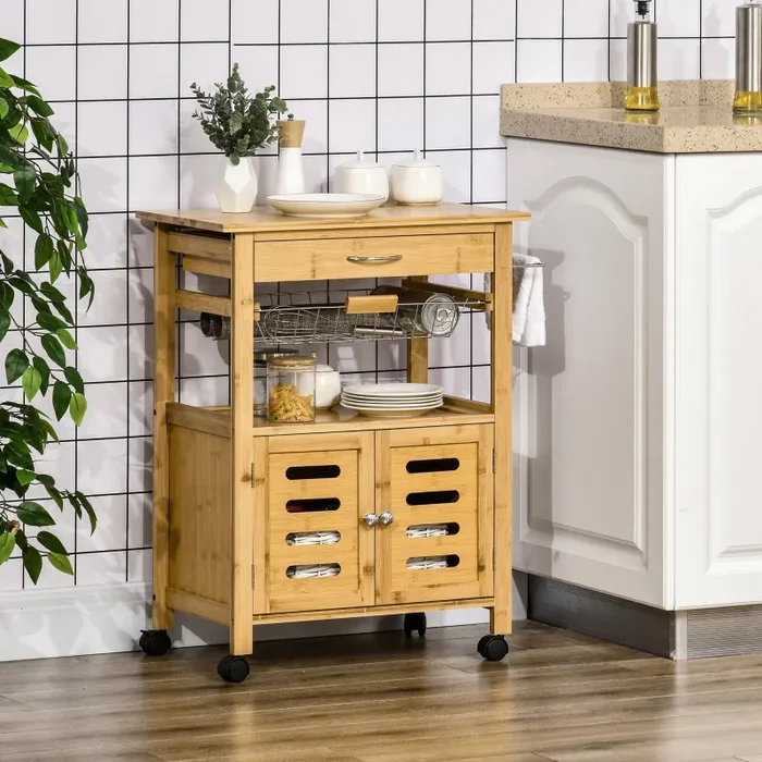 Carrello da Cucina con Cassetto 66x36x79 cm Armadietto e Cestino in Legno - immagine 2