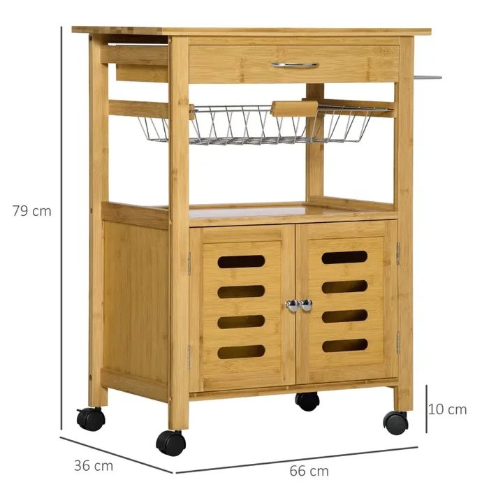 Carrello da Cucina con Cassetto 66x36x79 cm Armadietto e Cestino in Legno - immagine 3