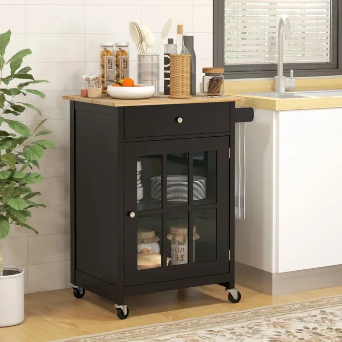 Carrello da Cucina con Cassetto Armadietto e Portasciugamani 67x48x86,5 cm in Legno Nero e Rovere - immagine 2