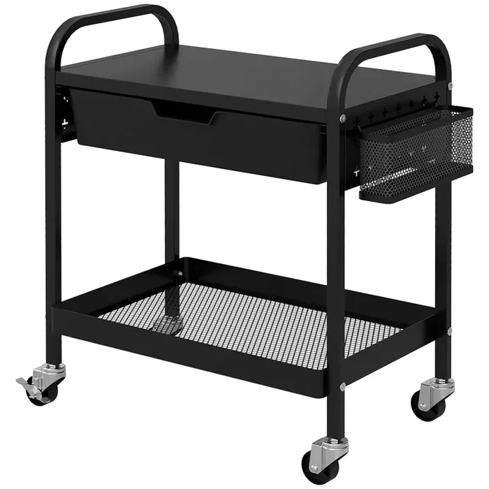 Carrello da Cucina con Cesto Cassetto Estraibile e 3 Ganci 61×32,6×58,5 cm in PP e Metallo Nero