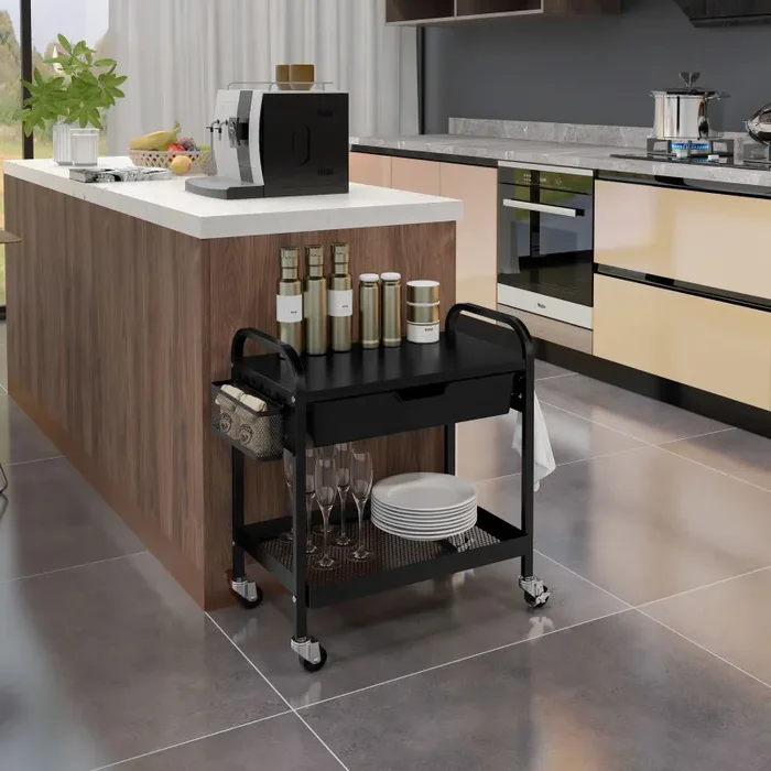 Carrello da Cucina con Cesto Cassetto Estraibile e 3 Ganci 61×32,6×58,5 cm in PP e Metallo Nero - immagine 2