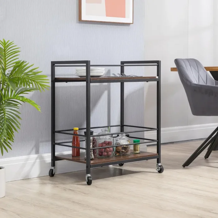 Carrello da Cucina con Portavivande 62x40x75 cm in Acciaio e Legno Marrone Rustico - immagine 2