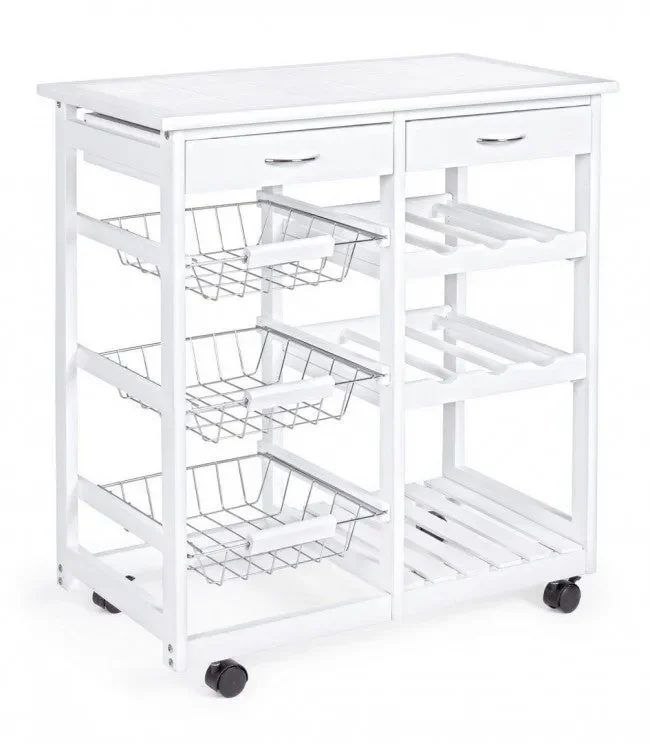 Carrello da Cucina Duo 2 Cassetti 3 Ceste con Portabottiglie Bianco in Legno