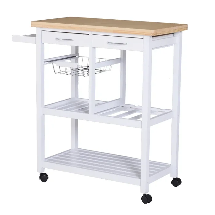 Carrello da Cucina in Legno con 2 Ripiani e Cassetti Bianco 84,5×37,2×85 cm