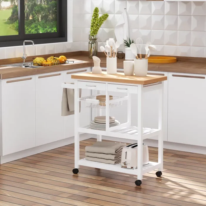 Carrello da Cucina in Legno con 2 Ripiani e Cassetti Bianco 84,5×37,2×85 cm - immagine 2