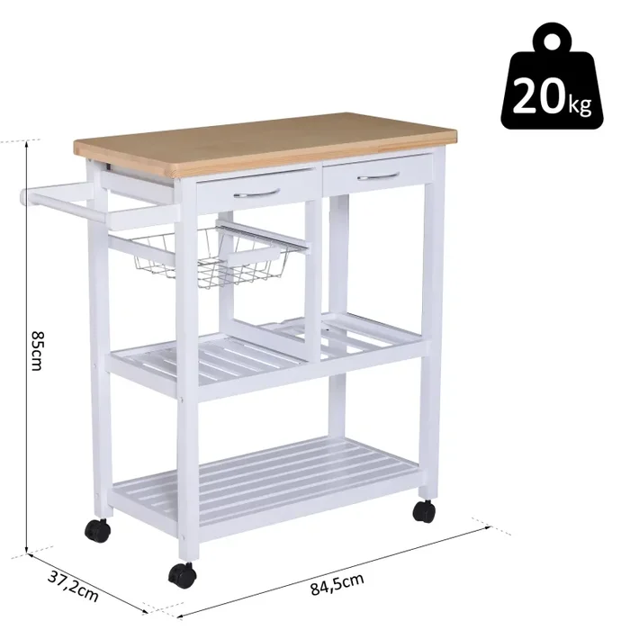 Carrello da Cucina in Legno con 2 Ripiani e Cassetti Bianco 84,5×37,2×85 cm - immagine 3
