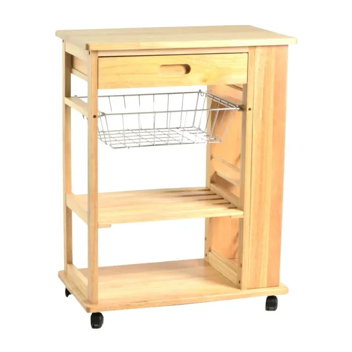 Carrello da Cucina in Legno della Gomma 2 Piani Cestello e Cassetto 65×37,5H84cm Adami