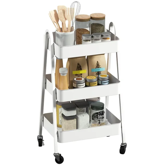 Carrello da Cucina Multiuso a 3 Livelli 42,4×29,8×74,5H cm con Ruote e Freno Bianco