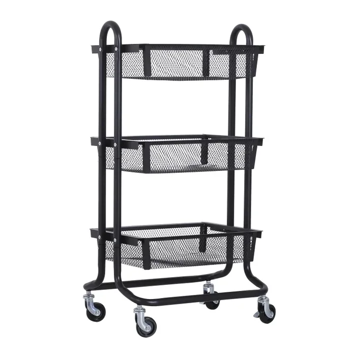 Carrello da Cucina Multiuso Salvaspazio 3 Livelli in Acciaio a Rete Nero 47×38.5×89 cm - immagine 3