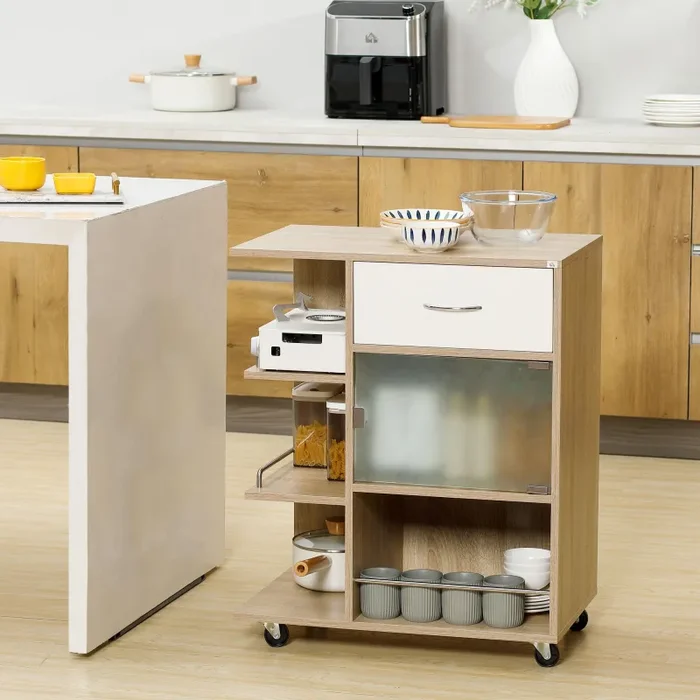 Carrello da Cucina Portavivande con Cassetto 65x39x80 cm Ripiani e Armadietto in Legno Acciaio e Vetro - immagine 2