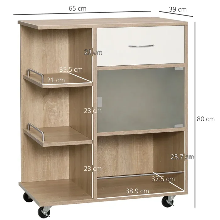 Carrello da Cucina Portavivande con Cassetto 65x39x80 cm Ripiani e Armadietto in Legno Acciaio e Vetro - immagine 3