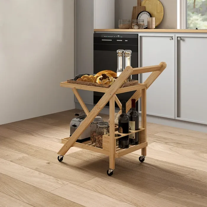 Carrello da Cucina Portavivande Pieghevole 66x40x70 cm a 2 Livelli con Portabottiglie in Legno di Bambù - immagine 2