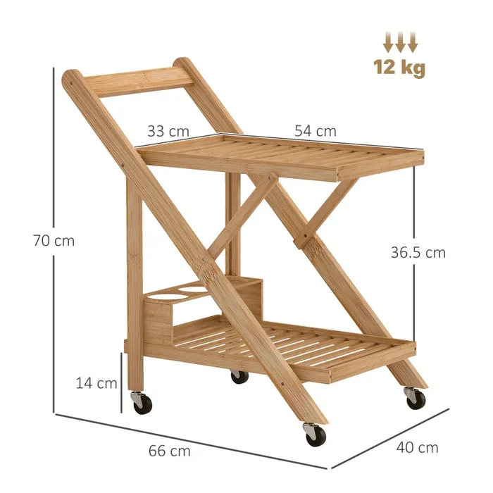 Carrello da Cucina Portavivande Pieghevole 66x40x70 cm a 2 Livelli con Portabottiglie in Legno di Bambù - immagine 3