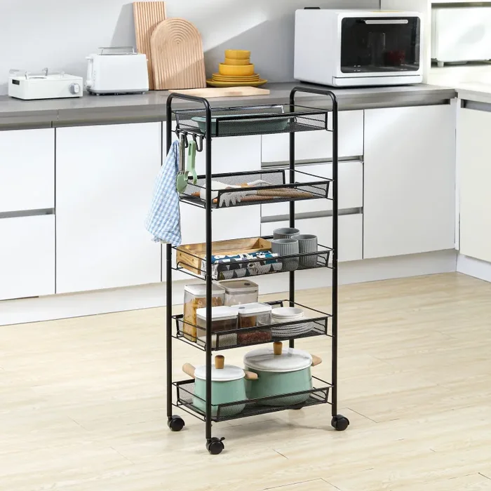 Carrello da Cucina Salvaspazio a 5 Livelli con Cestini a Rete 45×26,5×106 cm in Acciaio Nero - immagine 2