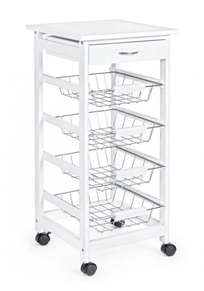Carrello da Cucina Small Bon 4 Ceste 1 Cassetto Bianco in Legno Vendita calda