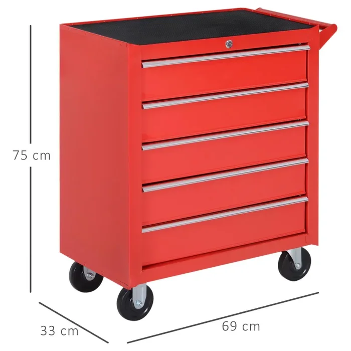 Carrello da Lavoro con 5 Cassetti Porta Utensili 69x33x75 cm in Acciaio Rosso Moda - immagine 3