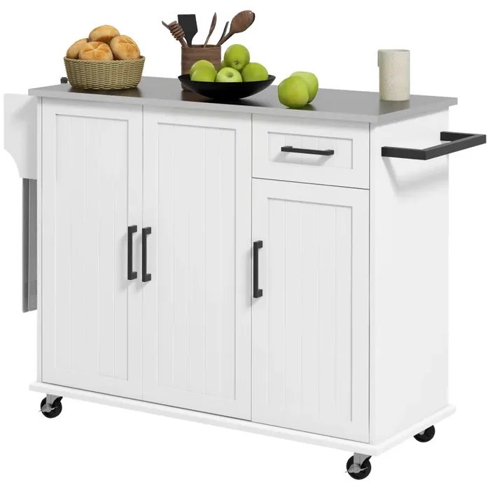 Carrello Isola da Cucina 128×45,5×91,5 cm in MDF e Acciaio Inox Bianco
