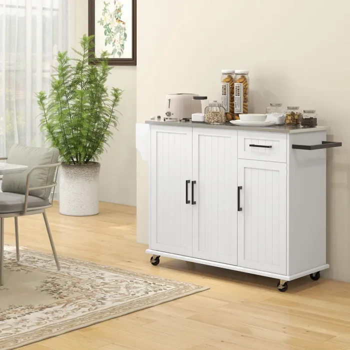 Carrello Isola da Cucina 128×45,5×91,5 cm in MDF e Acciaio Inox Bianco - immagine 2