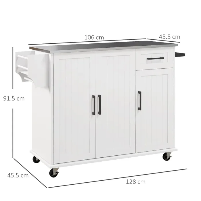 Carrello Isola da Cucina 128×45,5×91,5 cm in MDF e Acciaio Inox Bianco - immagine 3