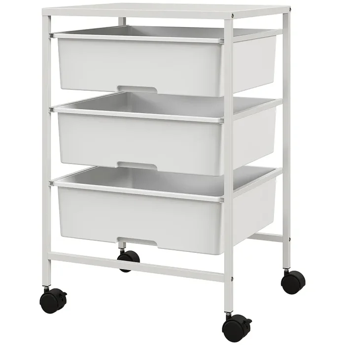 Carrello Multiuso con 3 Cestini Estraibili e Ruote 40,8×33,5×60,5 cm in Acciaio e PP Bianco