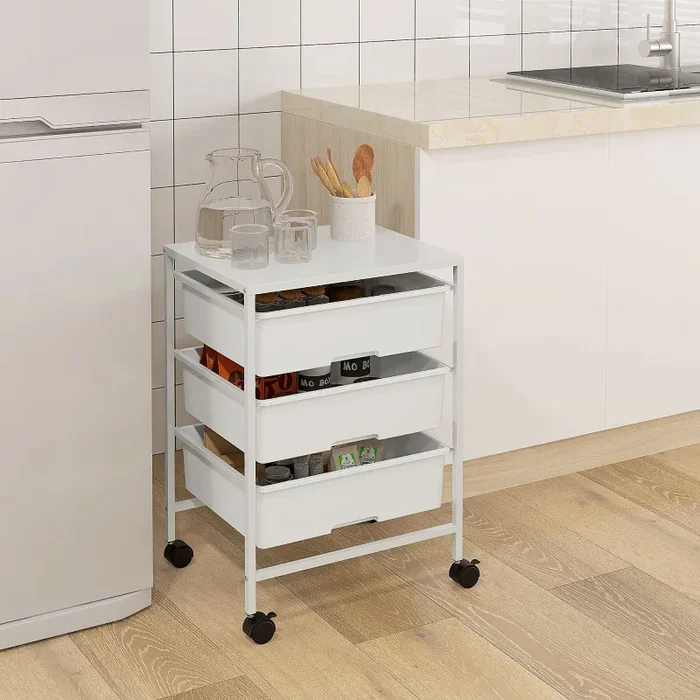 Carrello Multiuso con 3 Cestini Estraibili e Ruote 40,8×33,5×60,5 cm in Acciaio e PP Bianco - immagine 2