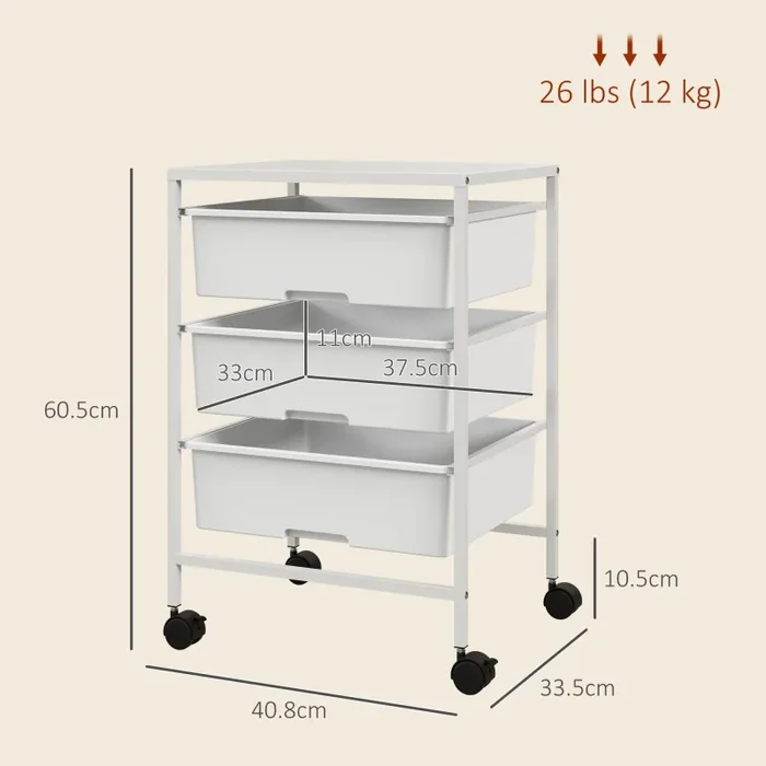 Carrello Multiuso con 3 Cestini Estraibili e Ruote 40,8×33,5×60,5 cm in Acciaio e PP Bianco - immagine 3
