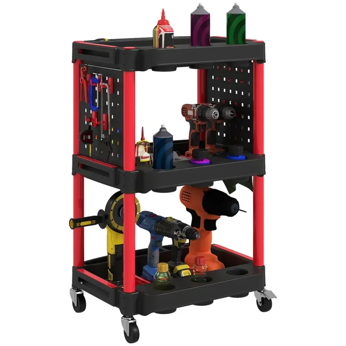 Carrello Porta Attrezzi a 3 Livelli 56,5×47,5×89 cm con Pannello Forato Laterale in Plastica Nero e Rosso