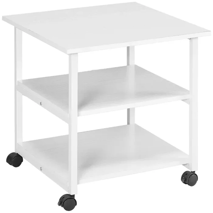 Carrello Porta Stampante a 3 Ripiani con 4 Ruote 50x50x52,5 cm Legno e Acciaio Bianco