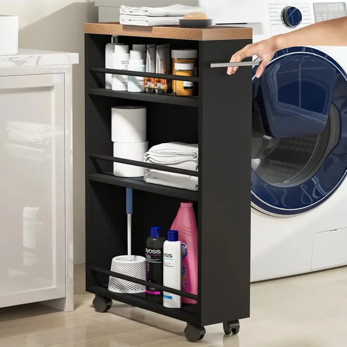 Carrello Portaoggetti Salvaspazio 50x16x80 cm per Cucina Bagno con Ruote Nero