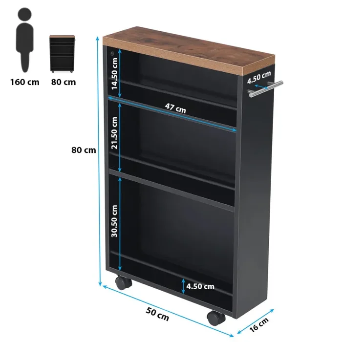 Carrello Portaoggetti Salvaspazio 50x16x80 cm per Cucina Bagno con Ruote Nero - immagine 2